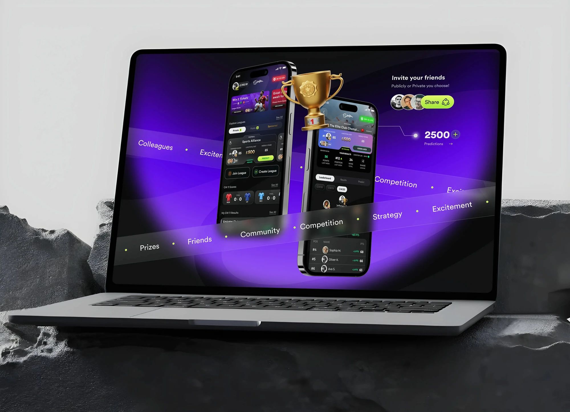 Sweeps: App de social gaming com landing page e painel de administração, desenhada de ponta a ponta.