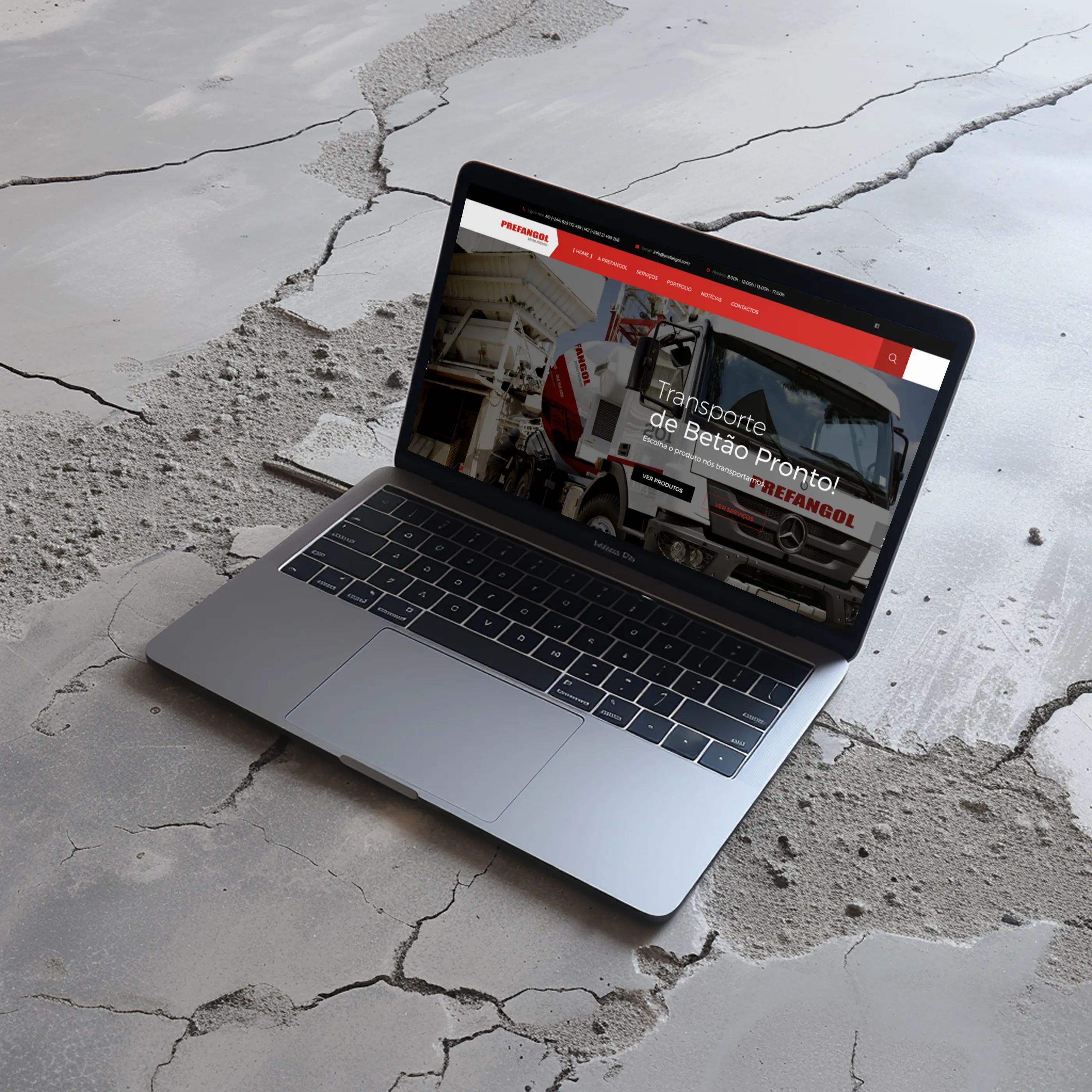 Prefangol: Website com formulário-simulador para uma empresa de betão e inertes, e materiais impressos.