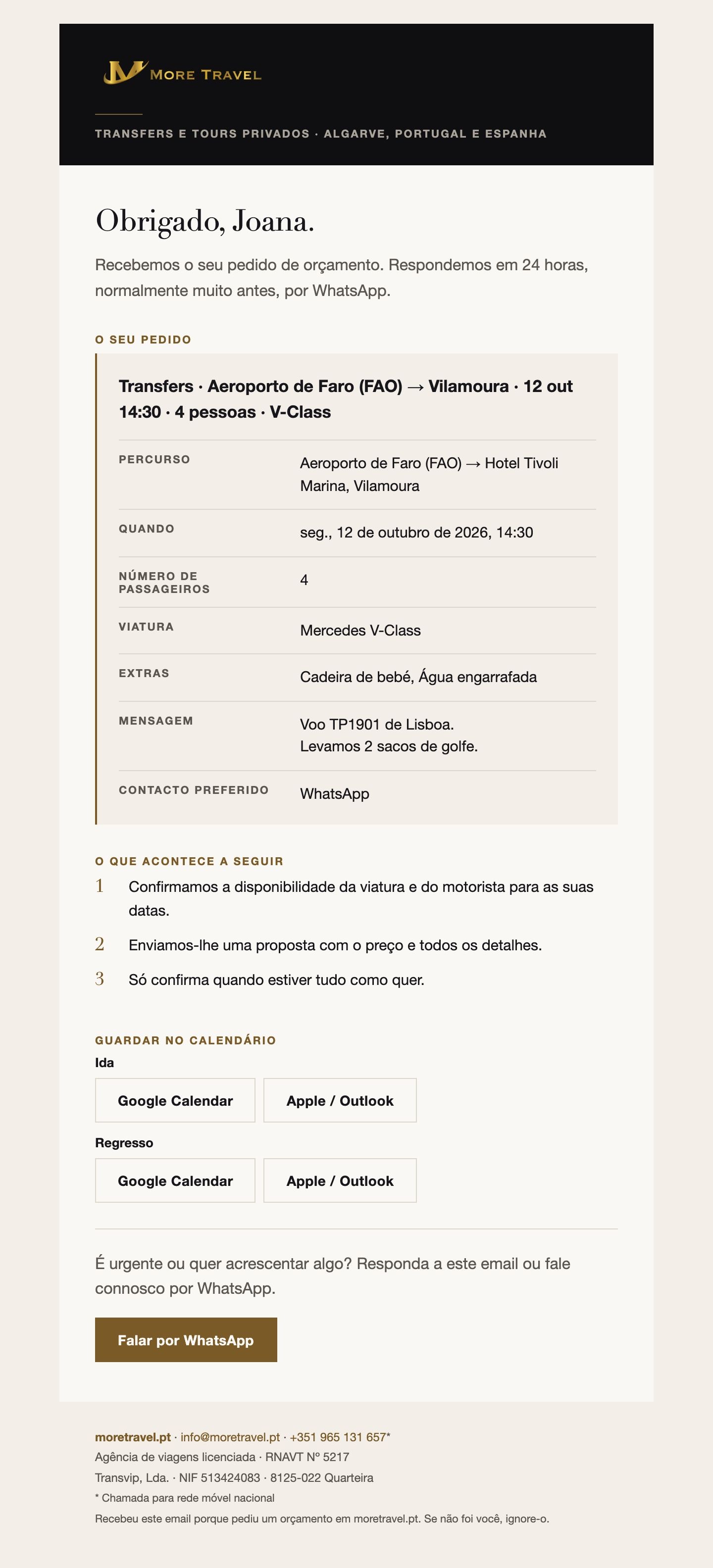 MoreTravel — email: Para o cliente
