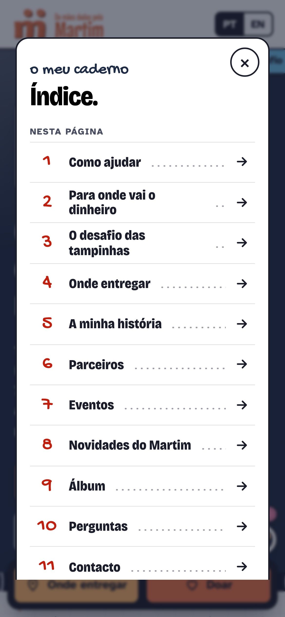 De mãos dadas pelo Martim — Passo 2: Índice (mobile)