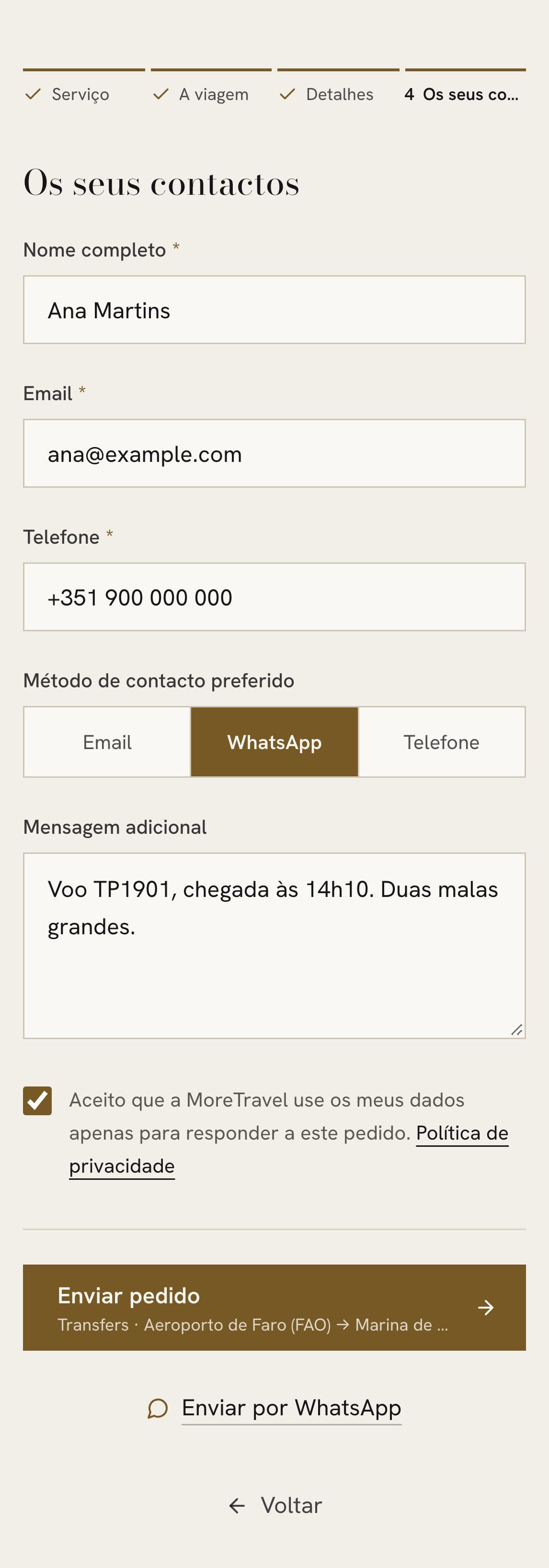 MoreTravel — Passo 4: Contactos (mobile)