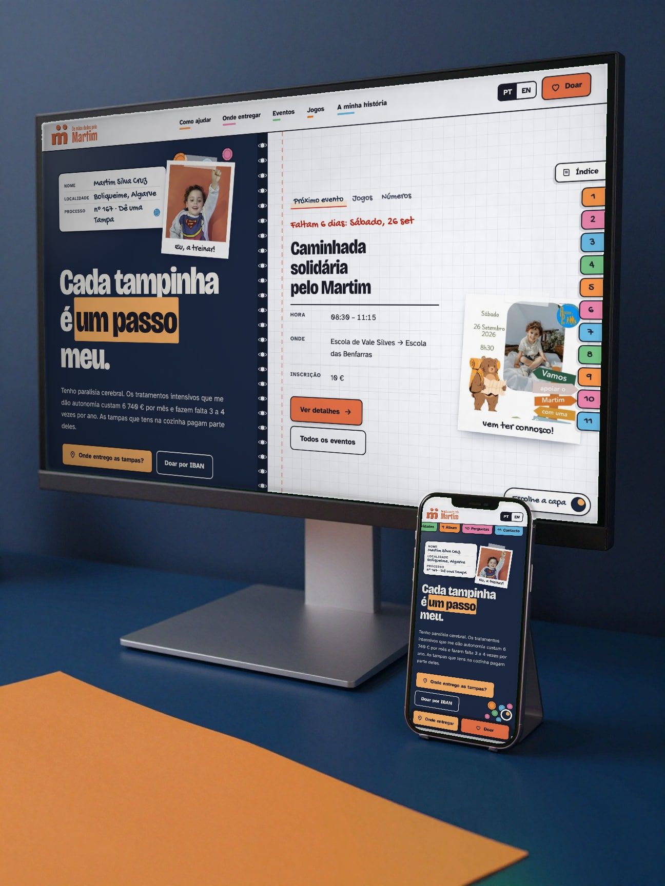 De mãos dadas pelo Martim: Site da campanha solidária do Martim: onde entregar tampinhas, eventos, álbum, mural de apoio e um painel para os pais atualizarem tudo.
