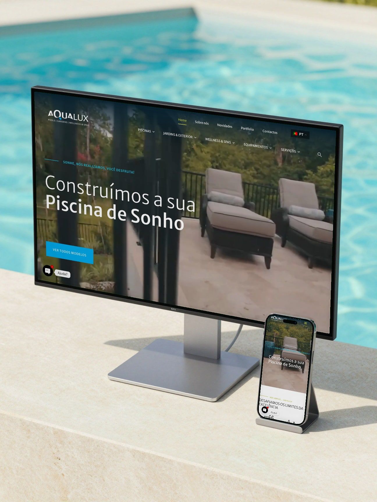 Aqualux: Website de uma empresa de piscinas, jardins e spas em Loulé, com o catálogo de piscinas, exterior, wellness e equipamentos, e pedidos de orçamento.