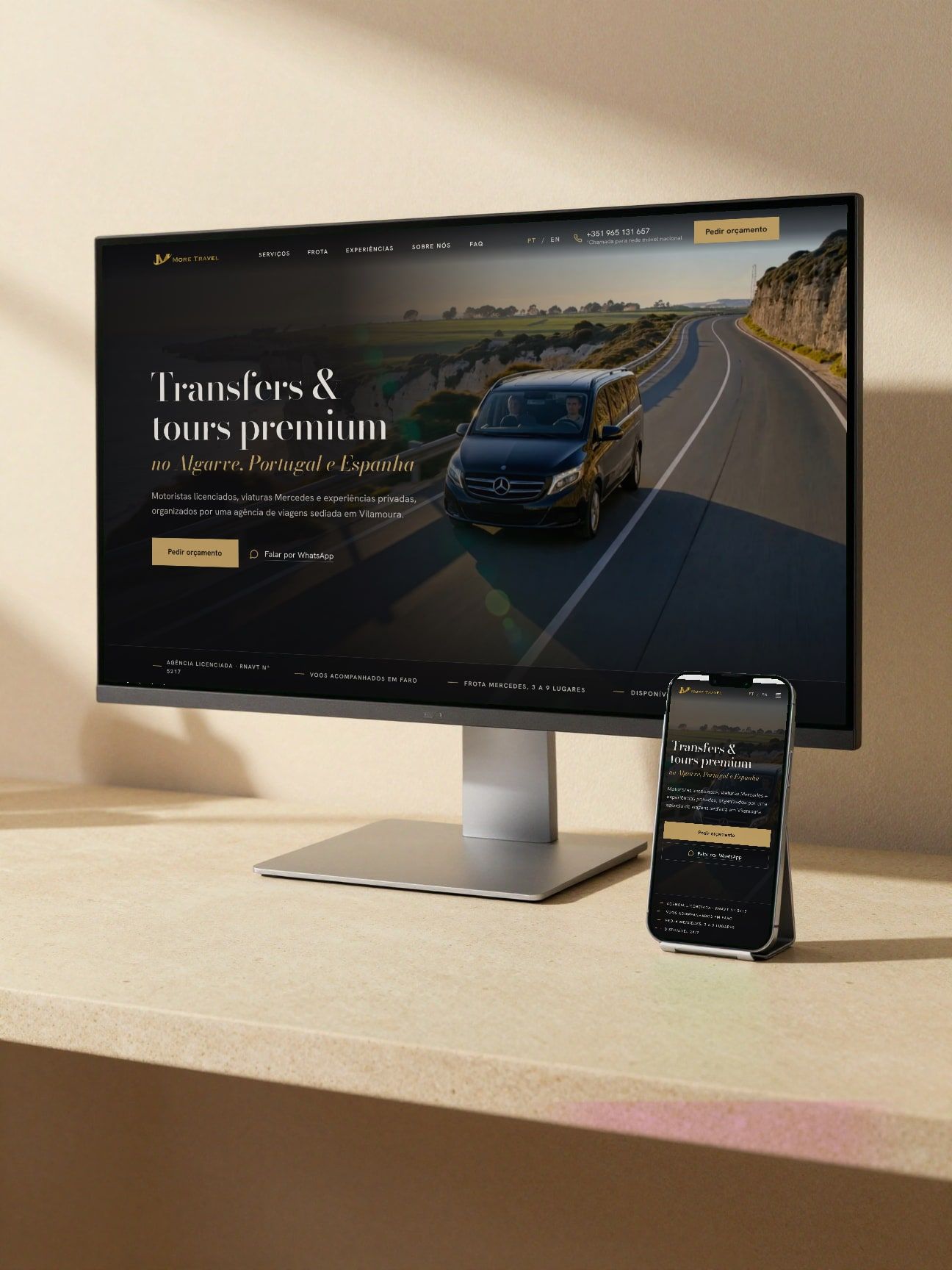 MoreTravel: Redesign do site de transfers e tours premium no Algarve: bilingue PT/EN, páginas de serviço e vídeo de destaque gerado com IA.