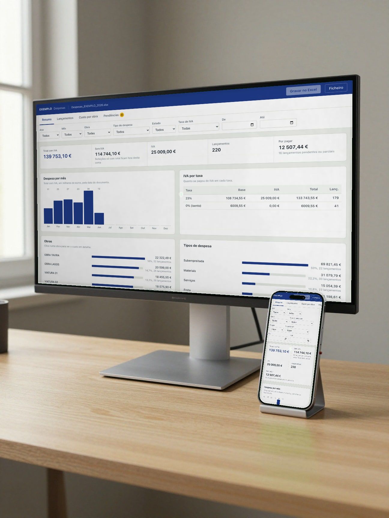 Automação de faturas: Uma mini app e um Excel à prova de erros para organizar mais de 400 faturas por ano da CivilSul, uma empresa de construção. Imagens com dados fictícios.