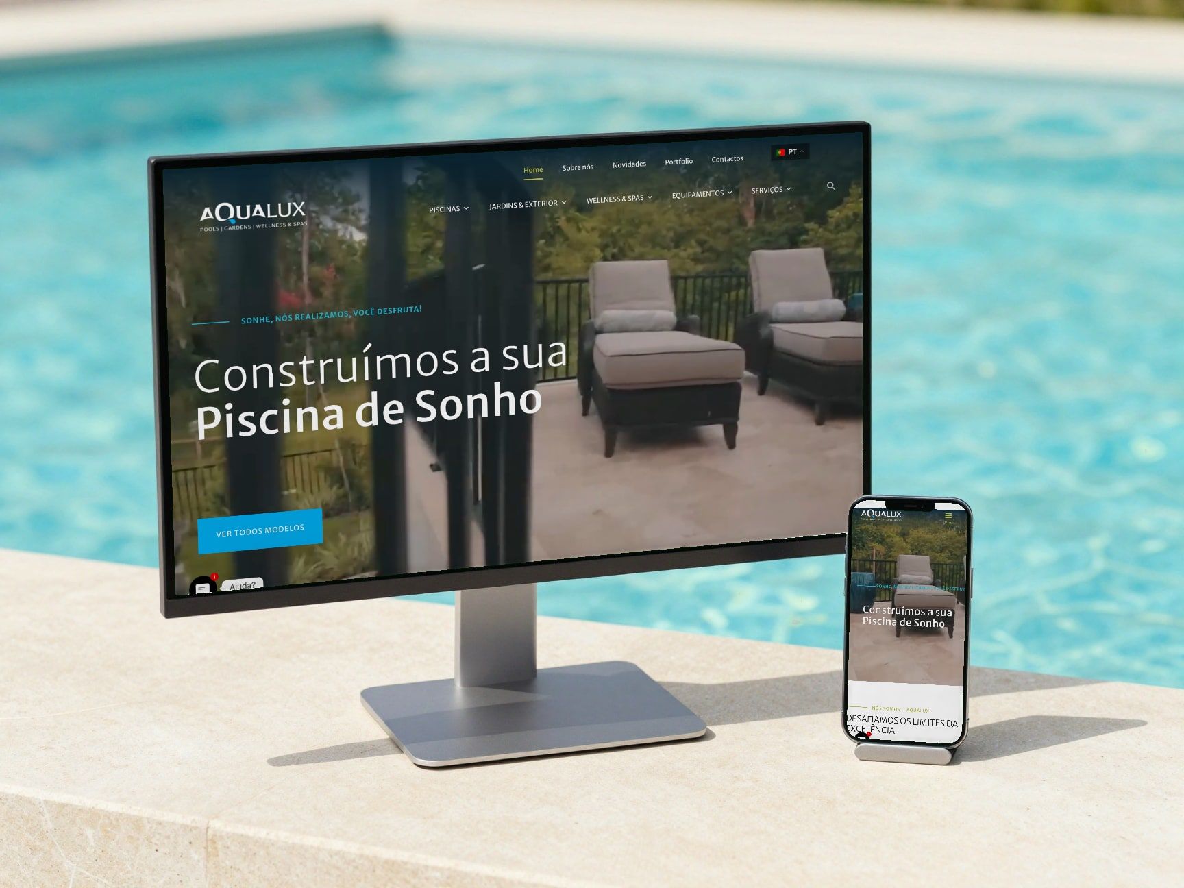 Aqualux: Website de uma empresa de piscinas, jardins e spas em Loulé, com o catálogo de piscinas, exterior, wellness e equipamentos, e pedidos de orçamento.