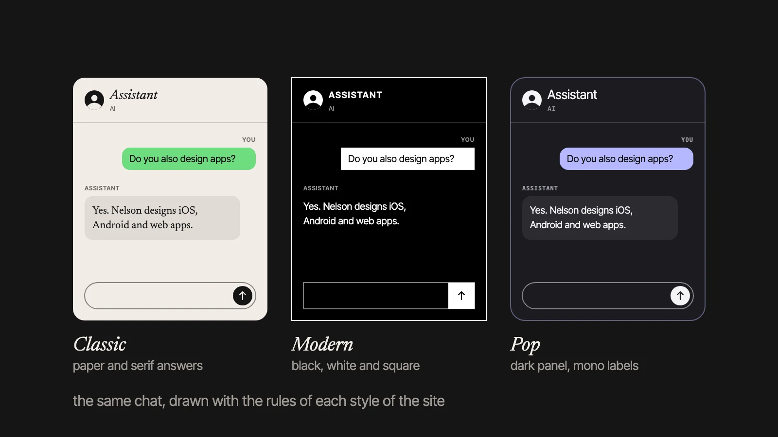 The same chat in the site's three styles: Classic, with a paper background and serif answers; Modern, in black and white, with square corners; Pop, a dark rounded panel with monospace labels.