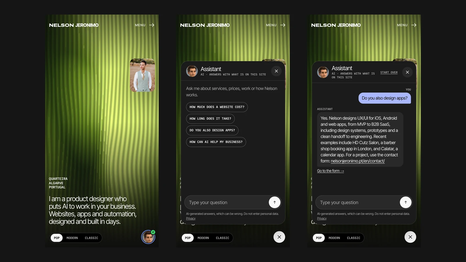 Real captures on a phone: the button with the avatar at the bottom right, the open panel with the suggested questions, and an answer from the assistant.