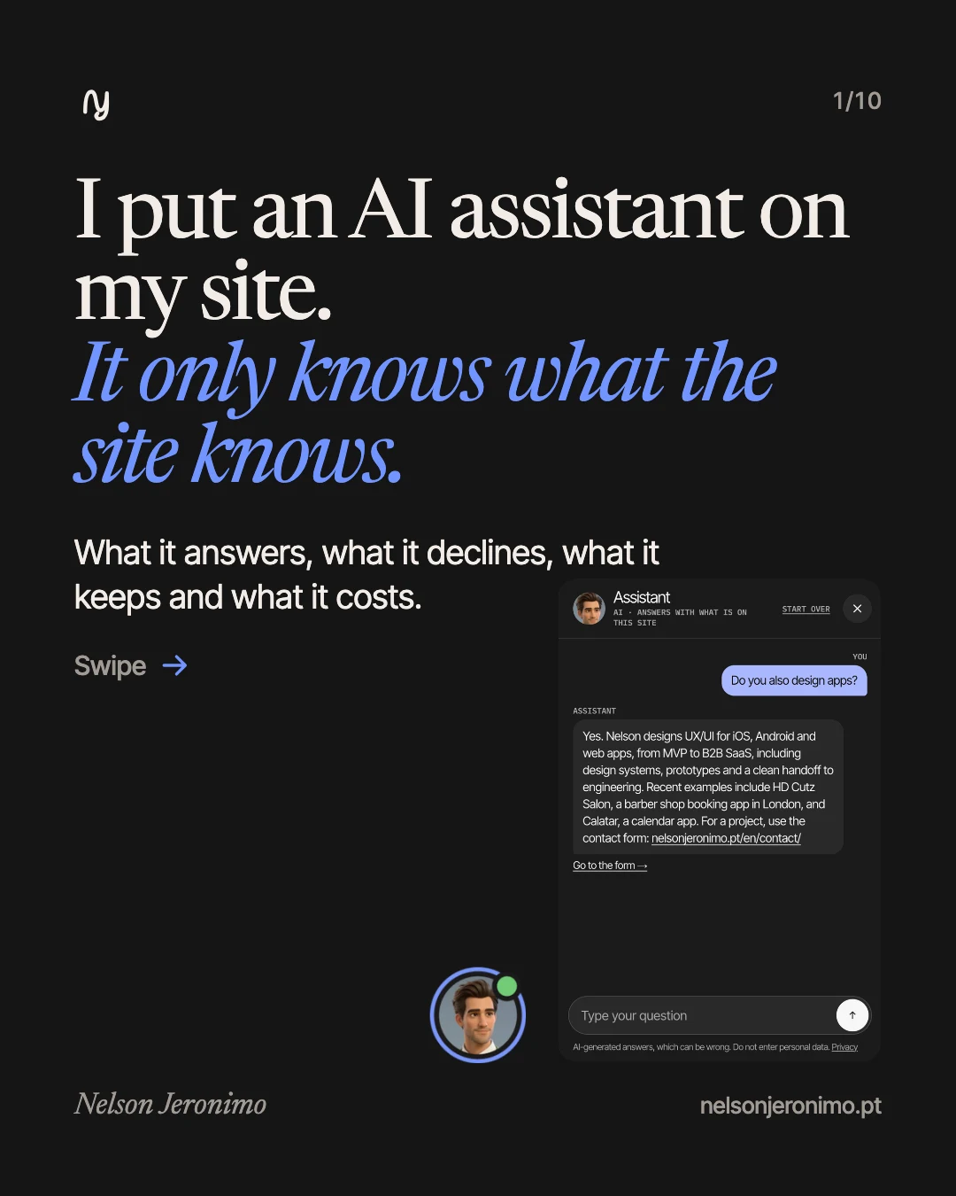 Slide 1: I put an AI assistant on my site. It only knows what the site knows.