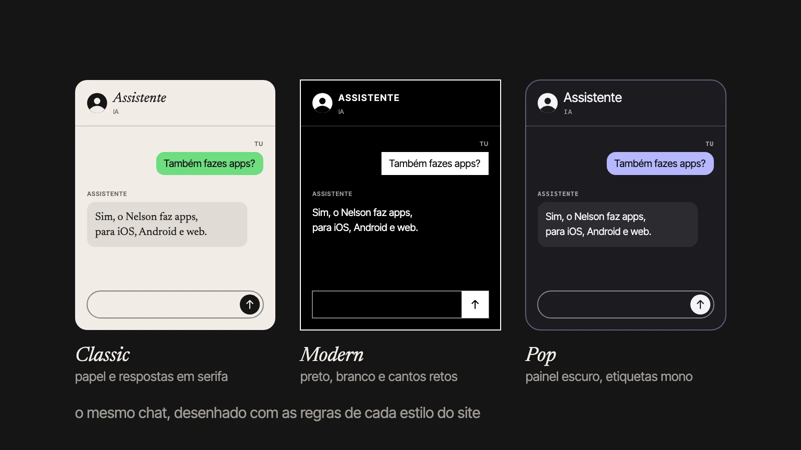 O mesmo chat nos três estilos do site: Classic, com fundo de papel e respostas em letra serifada; Modern, em preto e branco, com cantos retos; Pop, um painel escuro e arredondado com etiquetas em letra monoespaçada.