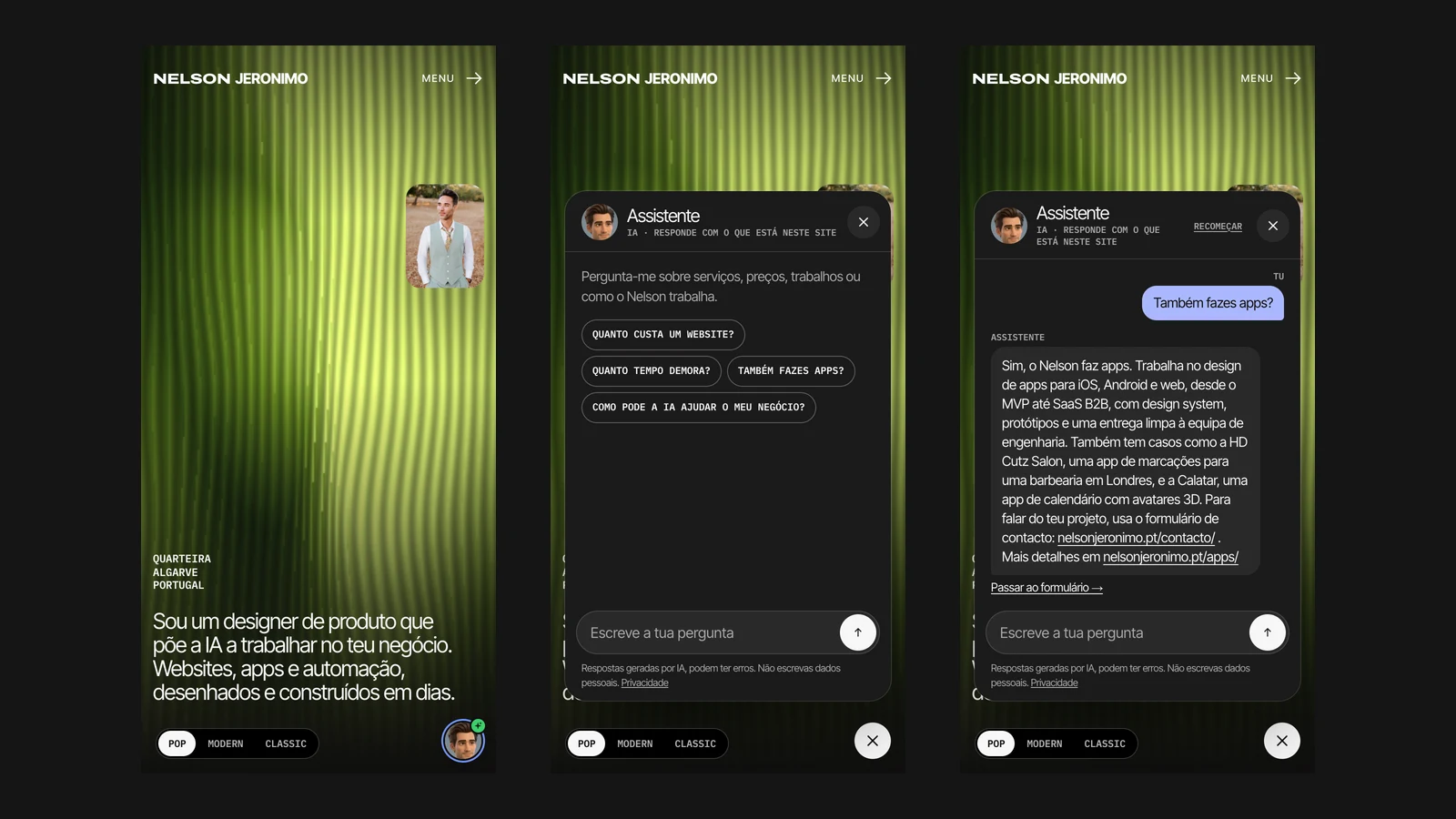 Capturas reais no telemóvel: o botão com o avatar no canto inferior direito, o painel aberto com as perguntas sugeridas, e uma resposta do assistente.