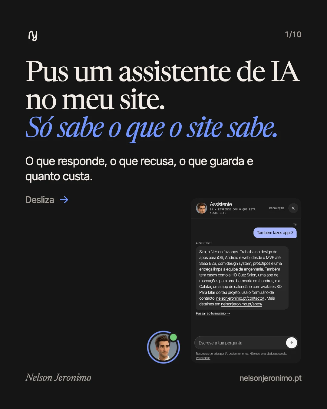 Slide 1: Pus um assistente de IA no meu site. Só sabe o que o site sabe.