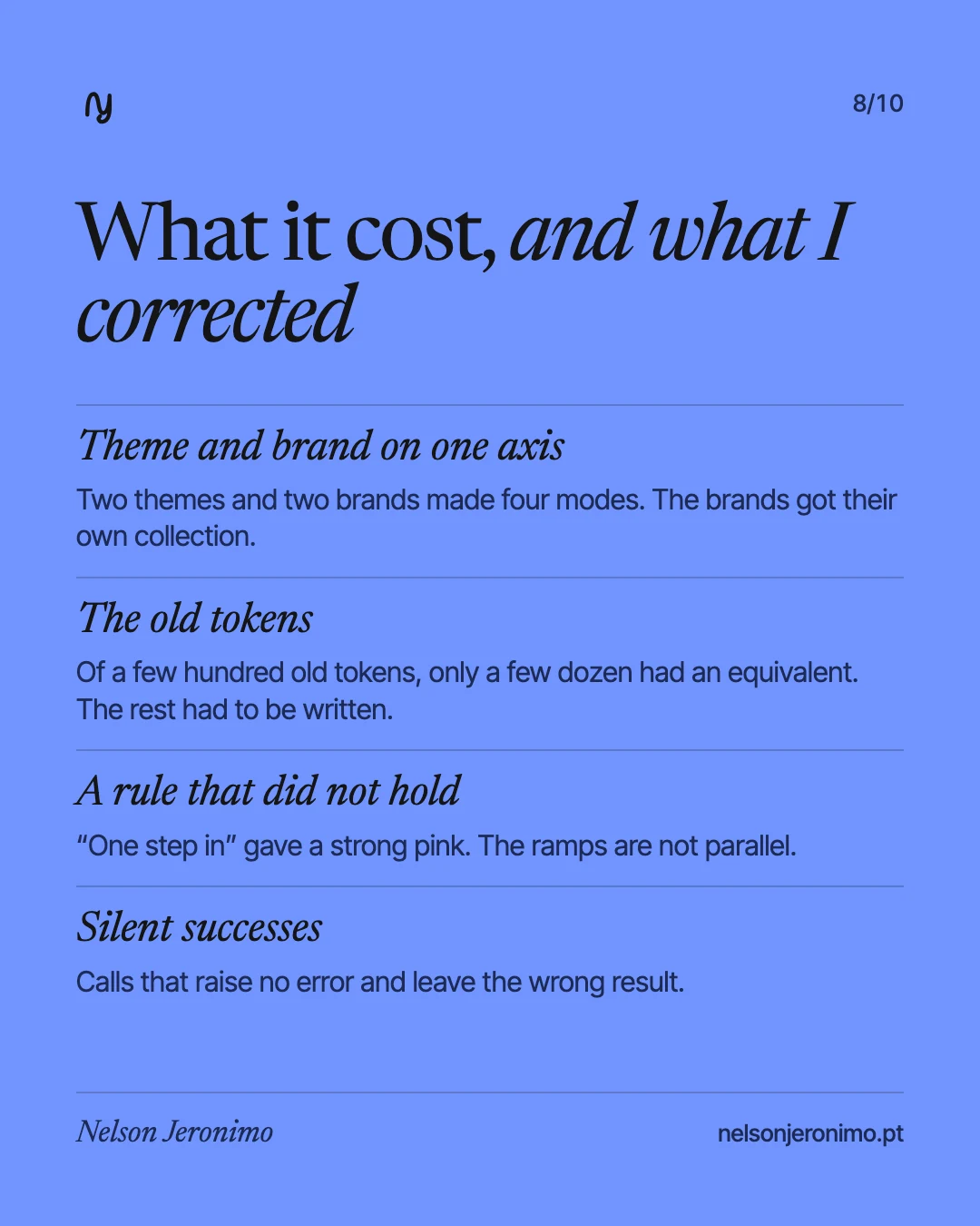 Slide 8: what it cost: theme and brand on one axis, the old tokens, a rule that did not hold and the silent successes.