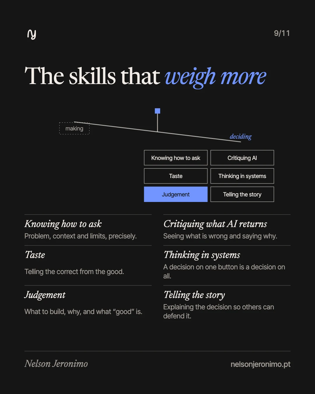 Slide 9: the skills that weigh more: knowing how to ask, critiquing what AI returns, taste, thinking in systems, judgement, telling the story.