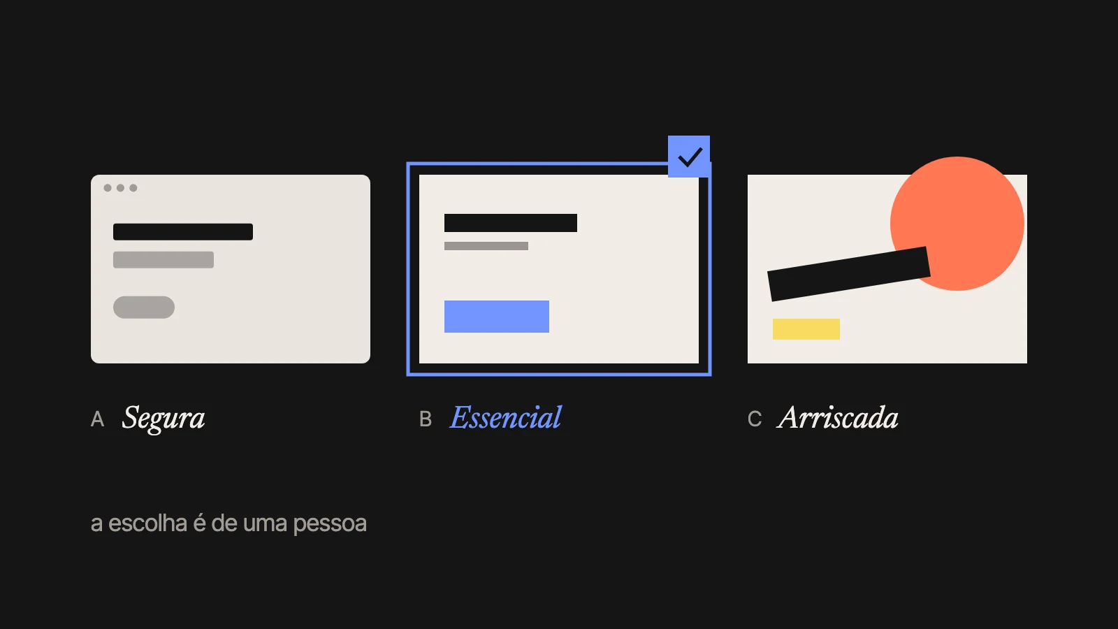 Três direções visuais lado a lado, segura, essencial e arriscada, com a essencial escolhida.