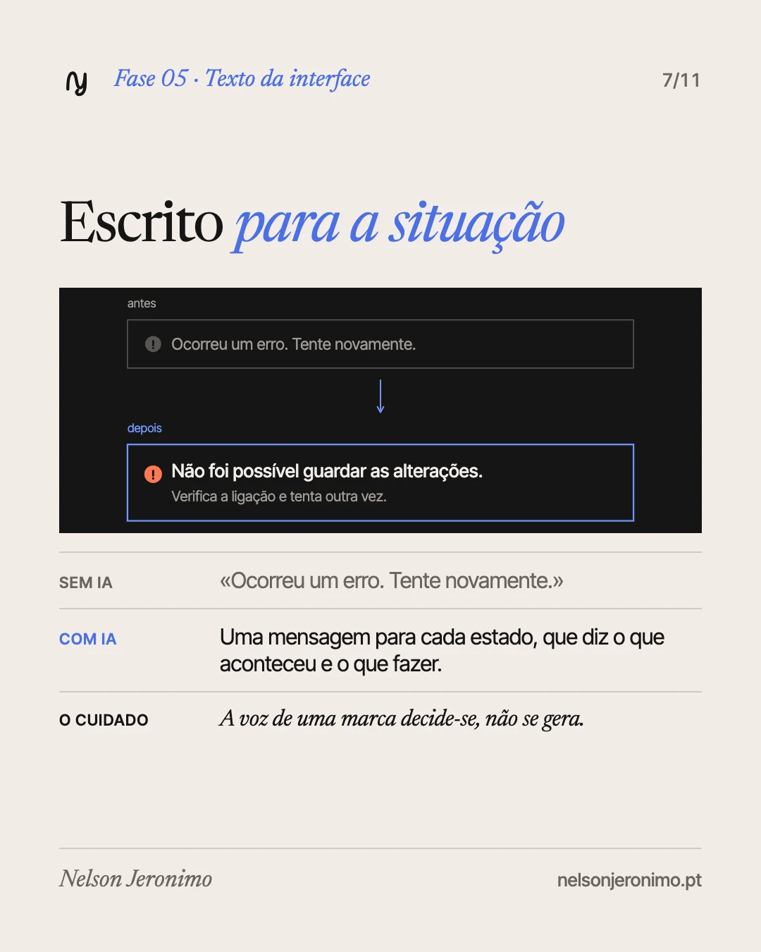 Slide 7: fase 5, texto da interface: escrito para a situação.