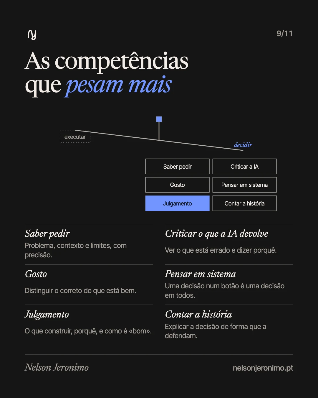 Slide 9: as competências que pesam mais: saber pedir, criticar o que a IA devolve, gosto, pensar em sistema, julgamento, contar a história.