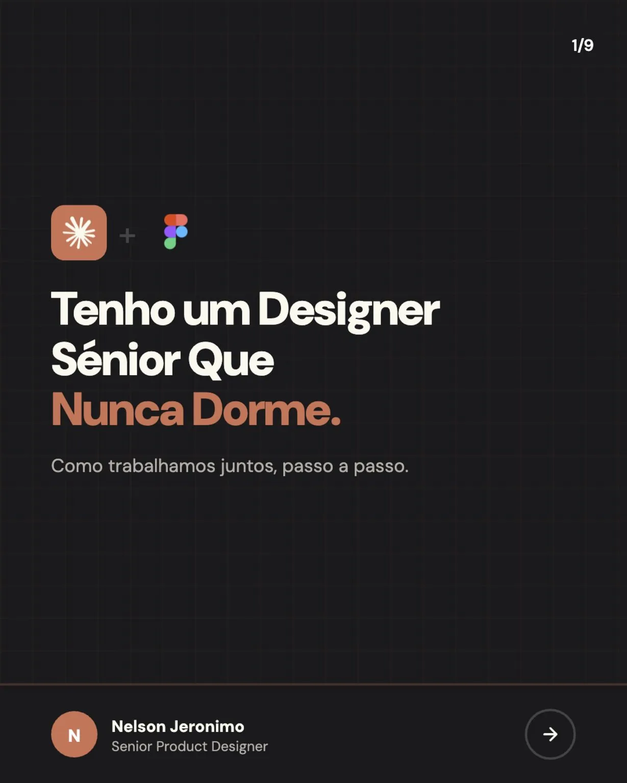 Slide 1 (in Portuguese): I have a senior designer who never sleeps. How we work together, step by step.