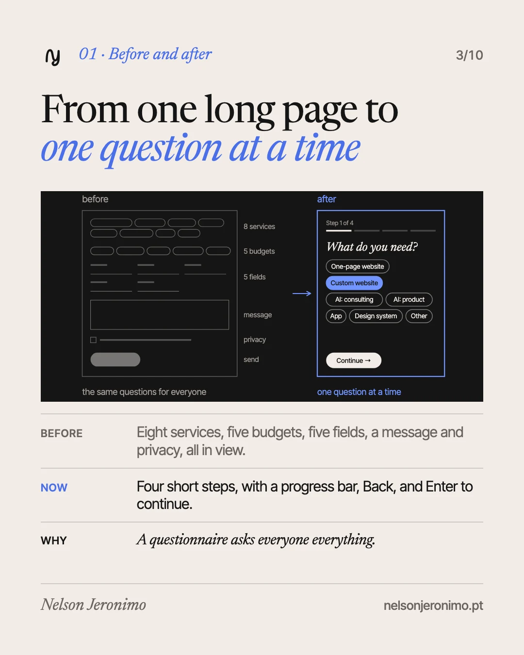 Slide 3: before and after: from one long page to one question at a time.