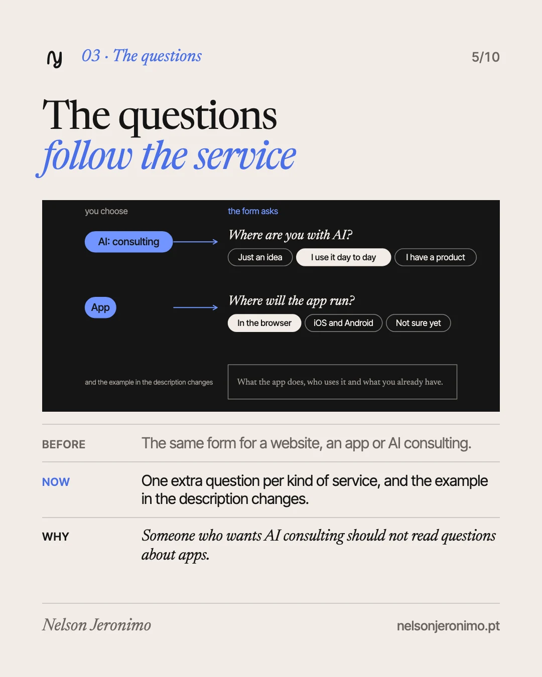 Slide 5: the questions follow the service chosen.