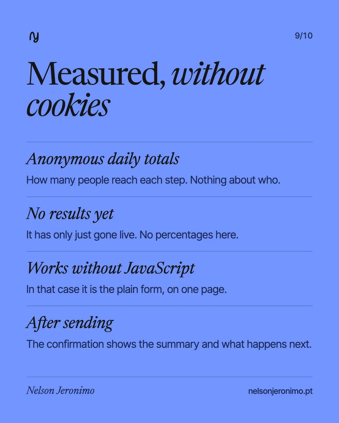 Slide 9: measured without cookies: anonymous daily totals, no results yet; works without JavaScript.