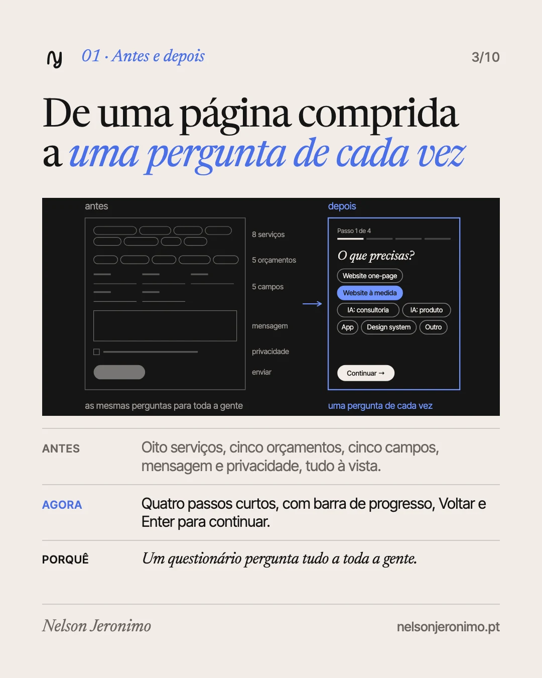 Slide 3: antes e depois: de uma página comprida a uma pergunta de cada vez.