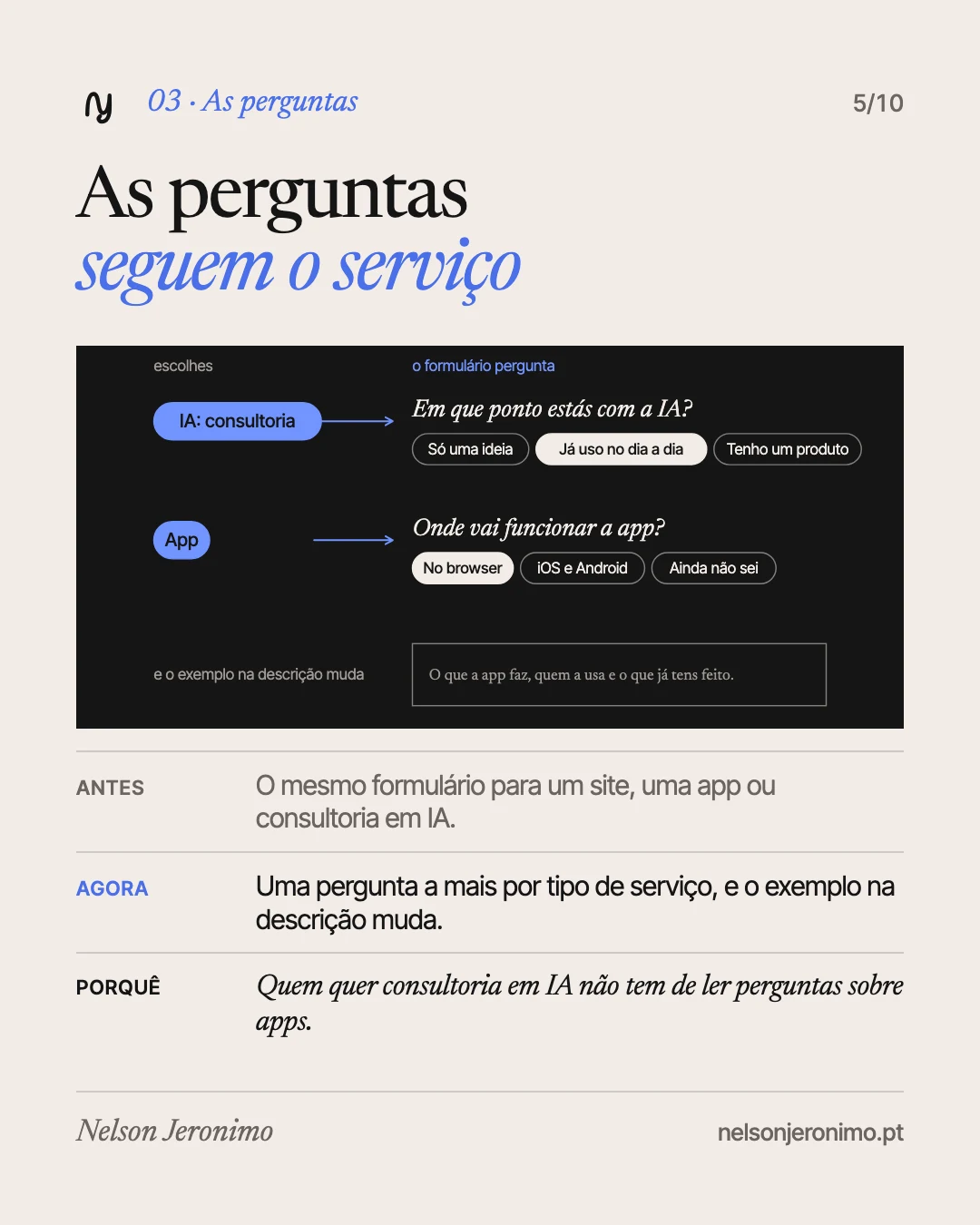 Slide 5: as perguntas seguem o serviço escolhido.