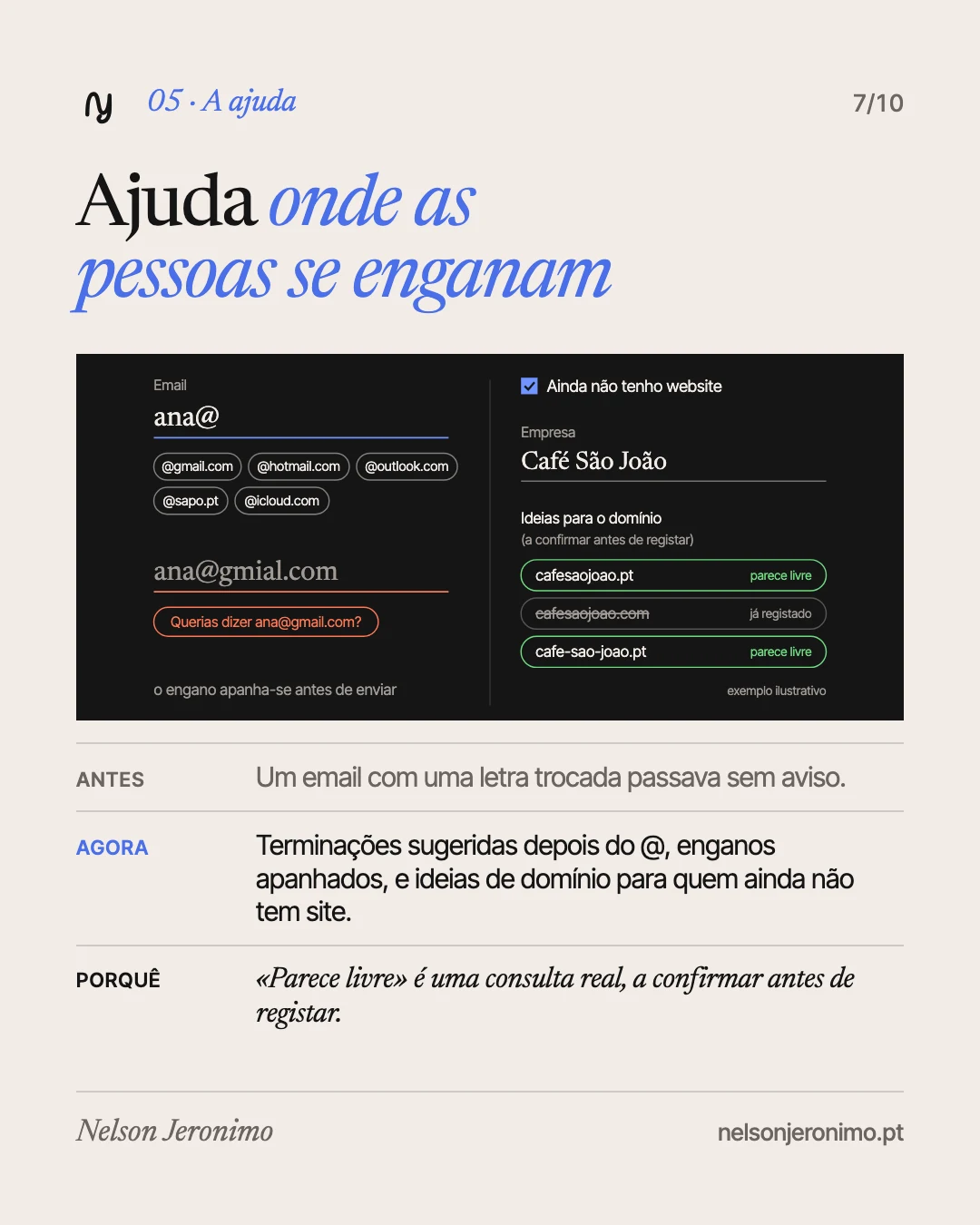 Slide 7: ajuda onde as pessoas se enganam: o email e o domínio.